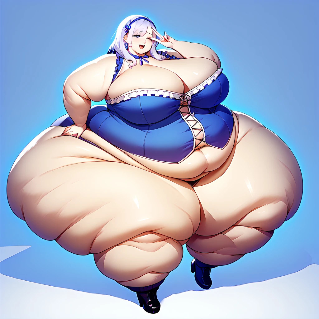 masterpiece, best_quality, 1girl, solo, yorha no. 2 type a, high heels, black bikini, pantyhose, white hair, long hair, wide hips, thick thighs, huge ass, enormous breasts, big belly, fatty, big tits, cleavage, milf, obese, bbw, ssbbw, love handles, duble chin, fat face, sagging tits, shortstack, short height