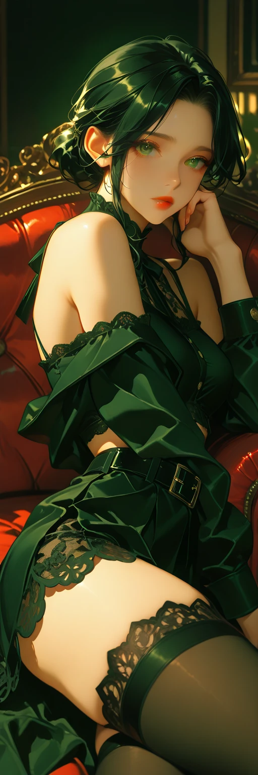 1 girl, anime, high quality, intricate details, black hair, fluffy hair, short hair, elegant, futuristic setting, maid dress, stockings, green streaks in hair, steampunk accessories, stoic expression, lacy umbrella, gothic aesthetic, green eyeshadow, lacy gloves, curvy body, ruffled hair, small braid, freckles