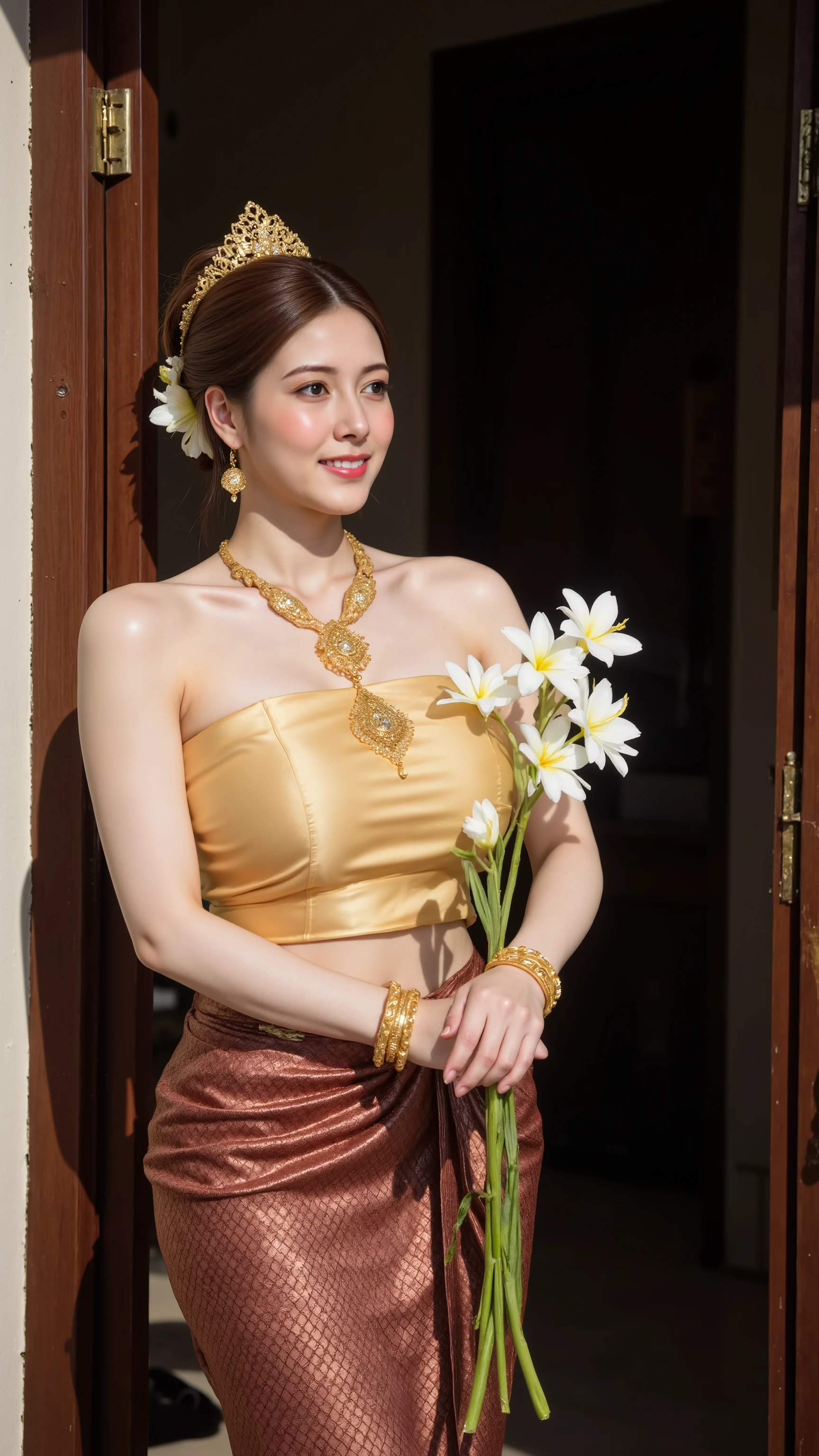 A beautiful Thai woman in traditional Thai costume, wearing a golden silk tube top and a maroon patterned sinh skirt, adorned with intricate golden jewelry including necklace, belt, earrings, and bracelet. She is holding white frangipani (plumeria) flowers, with a flower tucked behind her ear. Her hair is neatly tied back in a traditional bun. She is leaning against a wooden door frame and smiling softly, with a dark, softly lit background. Traditional Thai elegance, high detail, soft natural lighting, studio portrait style.