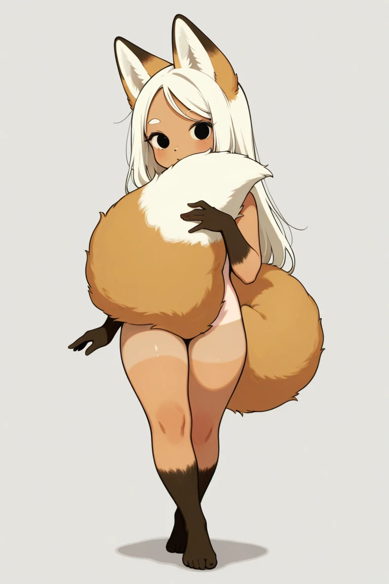 ((masterpiece, best quality)) by zackary911,zackary911, eevee anthro, solo, one character, blue eyes, female, fluffy fur, big fluffy tail, breast, fluffy fur neck, long white hair, wide hips, black poncho, moving big vore belly. navel