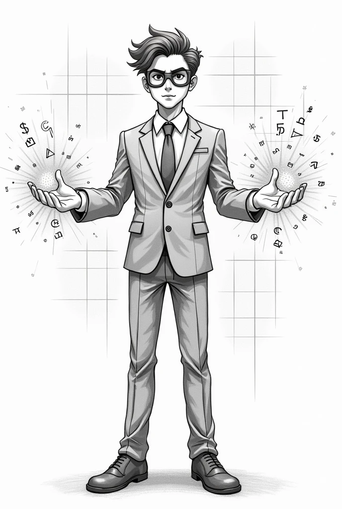 A 1 boy with a serious face, straight black hair combed to the sidewearing round glasses, de terno preto, purple necktie, black pants and black formal shoes, holding a gold pocket watch by a small chain coming out of the watch with a pink aura around the pocket watch