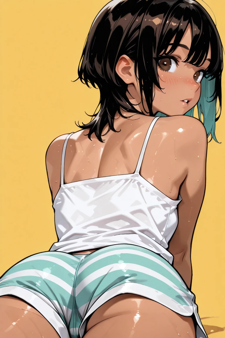 tendounabiki, huge_breasts, standing, alone, Aqua_shirt_Pink_undershirt_Short_shorts, masterpiece, best quality, detailed face, detailed eyes, ((rotten food)), ((abandoned park: 1.9)), on a wooden table, fine art, 8k, 1.3 quality background, high resolution