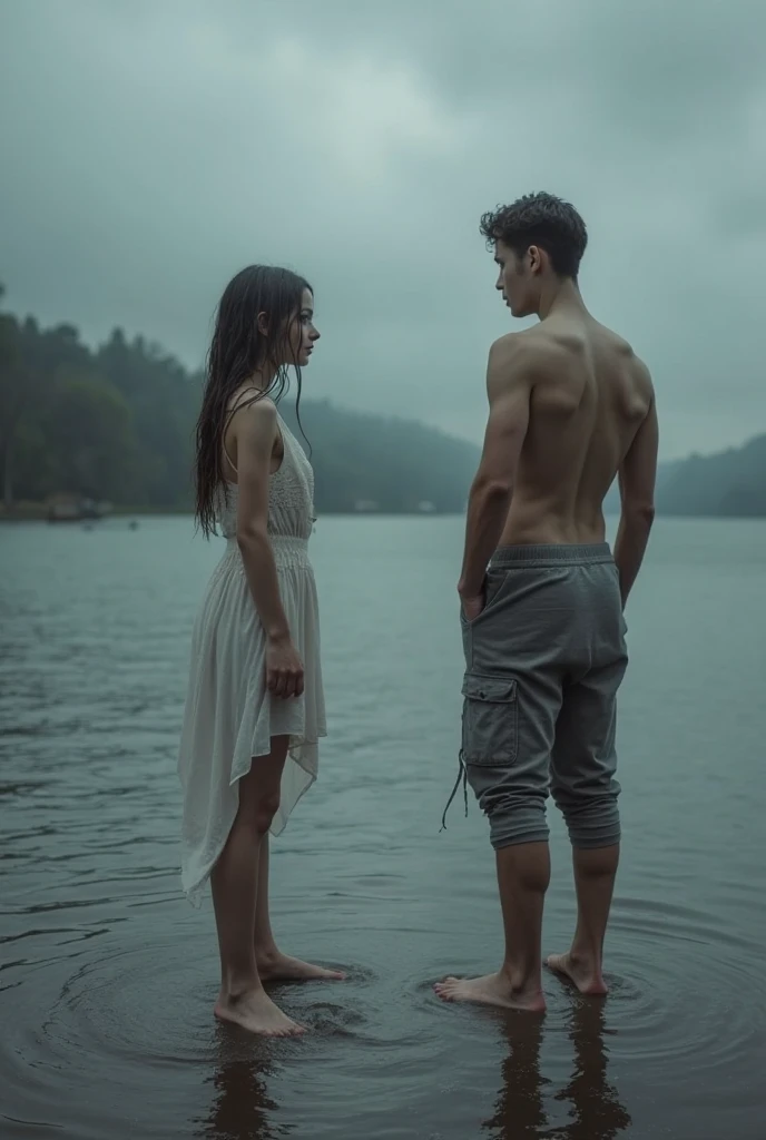 Two people were diving, In a lake, in a foggy lake, in a foggy pond, in style of ren hang, Dance in front of the fog, floating in a misty daze, in lake, ryan mcginley, in the middle of a lake, author:Zou Zhe, in a misty pond, in a pond, ((Mist))