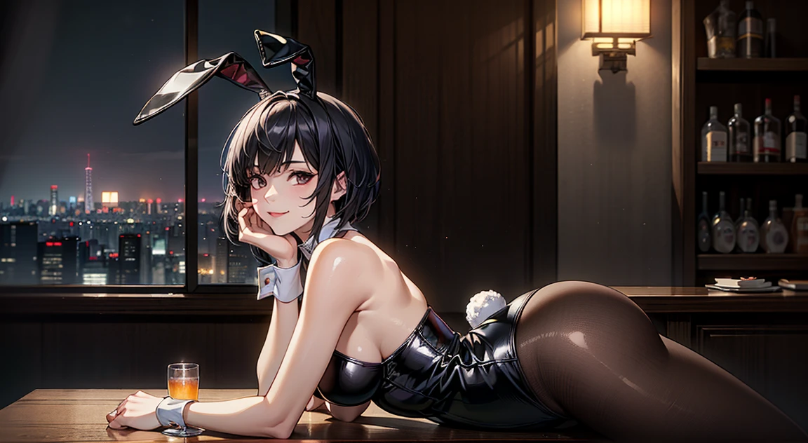 score_9, score_8_up, score_7_up, source_anime, 1girl, dark purple hair, brown eyes, ponytail, large breasts, playboy bunny suit, rabbit ears, black clothes, seductive smile, sexy pose, ass, night club,