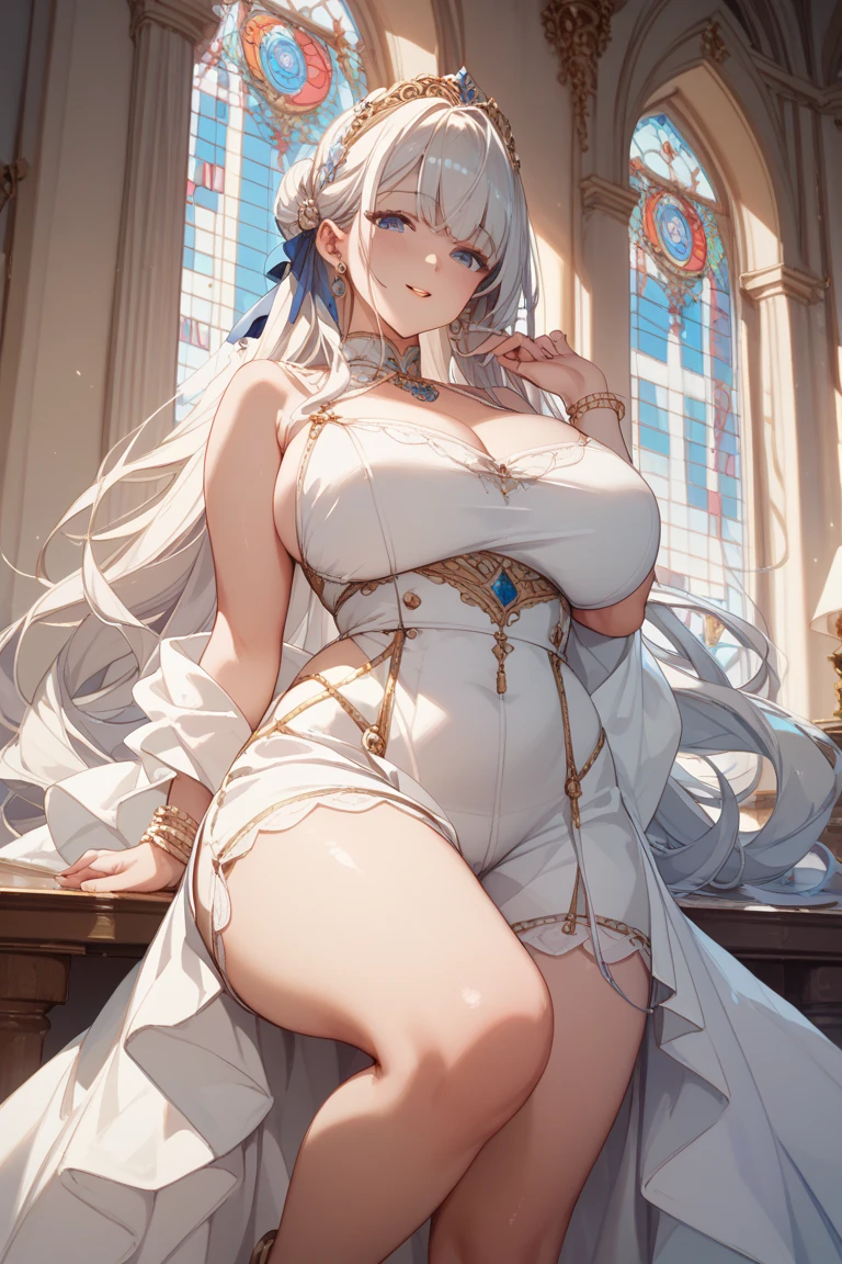 Masterpiece, absurd, 1 girl, mom, white hair, red eyes, movie light, white skin, mature, solo, long hair, smile, cleavage, big breasts, long legs, white fur, thick collar, rigorous anatomy, chest ribbon: o,