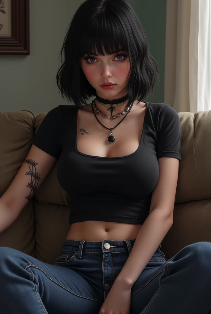Goth woman, (goth makeup), (brown skin), (a t-shirt and skinny mini shorts), (show under boobs), (fishnet stockings), (navel jewellery), (pierced ears), (pierced lips), blue eyes, short messy black emo hair, (living room background), thick thighs, medium breasts, (8K), (wallpaper), (dynamic lighting), (detailed face and eyes:1.2)