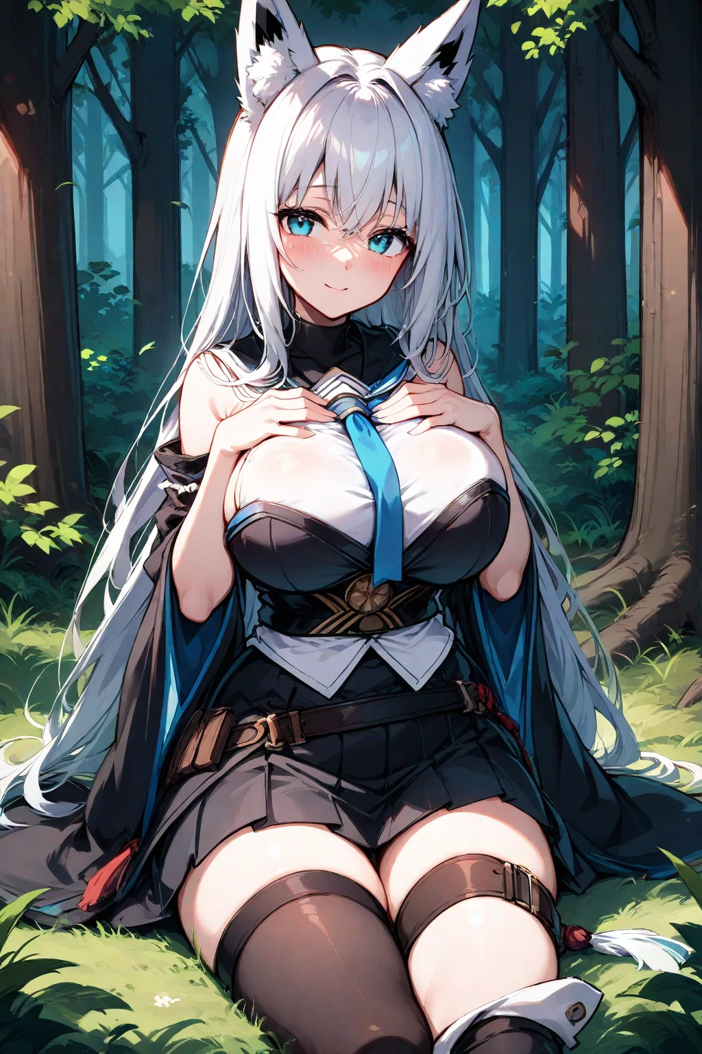 Sexy woman with silver hair having a nap time in the woods