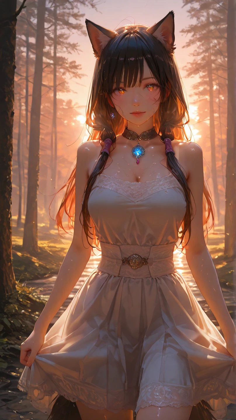 village field peasant dancer woman, 24-year-old female, (delicate face detail), magic lights, magic necklace, sundress, neckline, (lacy), ([[forest:field:0.25]:village:0.6]:1.3), train on background, magic technologies, futurism, fantasy, magic, silk, 1girl, Dynamic Poses, masterpiece, best quality, decollete, natural breasts, slim body, zettai ryouiki, medium length hair, (beautiful detailed bright eyes), (full body portrait:1.3), (beautiful and aesthetic:1.2, fractal art:1.4), best quality, Detailed, Realistic, 4k highly detailed digital art, (cool_color), extremely detailed CG unity 8k wallpaper, cinematic lighting