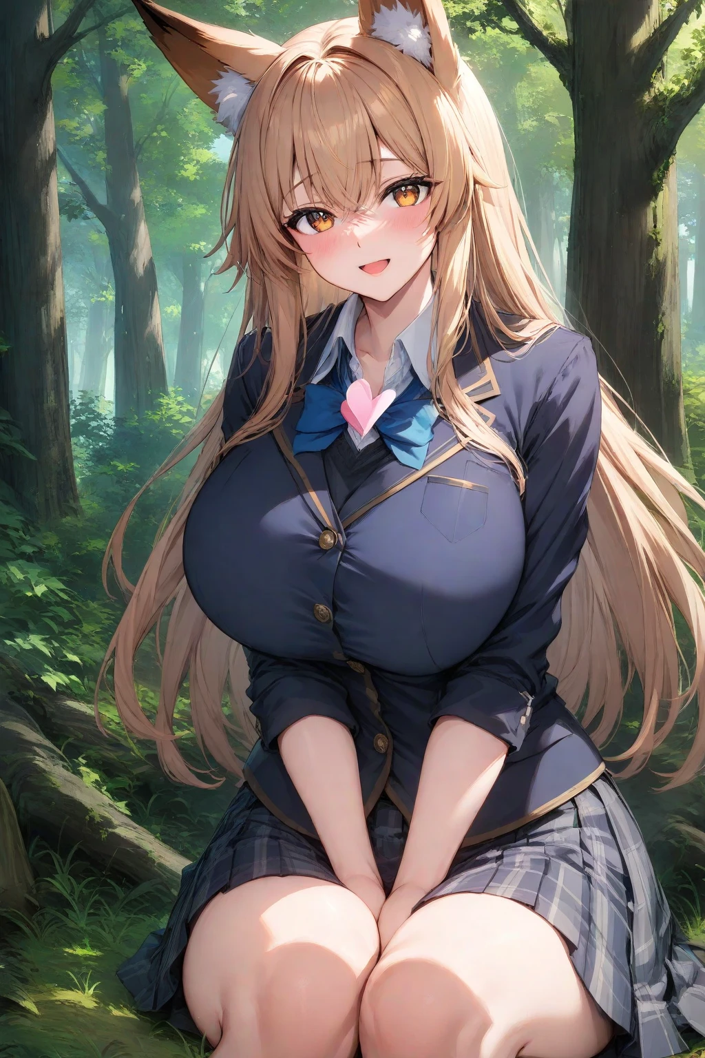 (((Accentuate your cleavage)))、Uniform Blazer、Beautiful beauty、Long golden hair、((whole body))、(((Photo taken from below)))、school gate、Big Breastini skirt、Panties are pink lace、Japanese、tall、Long limbs、