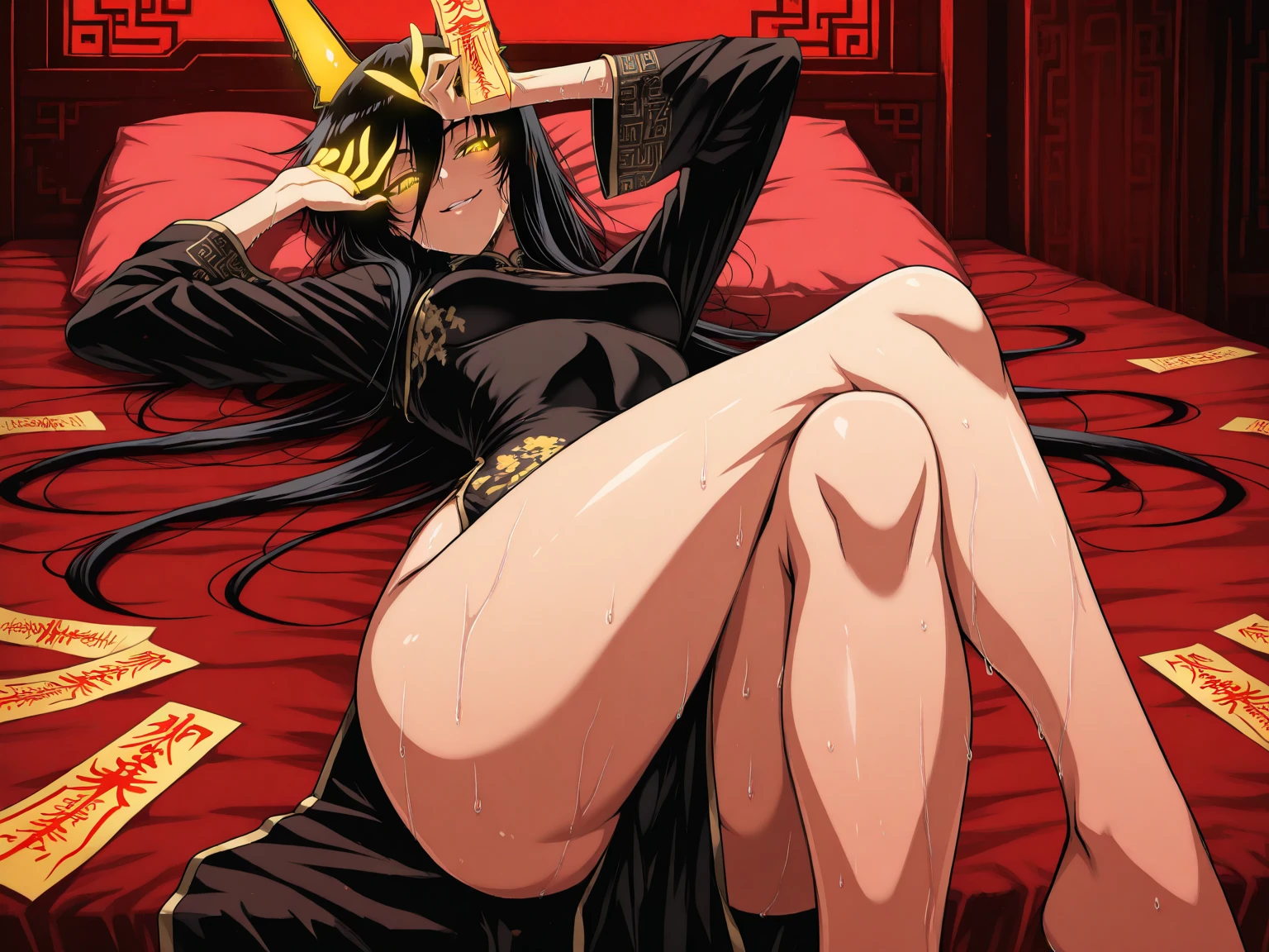 score_9, score_8_up, score_7_up, source_anime, wrnchqupgr, high quality, masterpiece, (1girl), 1boy, pov, , , black dress, girl on top, squatting cowgirl position, sex, black hair, multicolored hair, green hair, vaginal, gigantic penis, ((deep penetration)), heavy breathing, angry, anger vein, (ejaculation), outdoors, night, stars,
