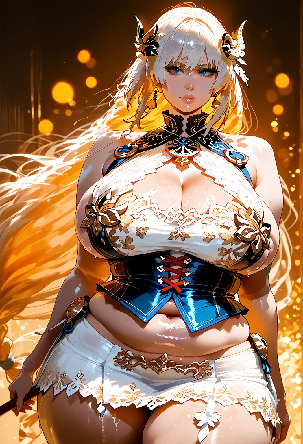 Highly detailed CG unit 8k wallpaper, masterpiece, High resolution, highest quality, highest quality real texture skin, Super Real, Digital Painting, Best image quality, 最High resolution, 8k, ((Highly detailed eyes and face)), 1girl, Beautiful eyes every detail, Full Body Shot, (profile, from side), (((Saggy breasts, Gravity-dependent breasts, long chest, Heavy chest, ))), ((disproportionate breasts, huge breasts, sagging breasts, gigantic breasts, erect nipple,)), Tube top, Loincloth, Chinese style embroidery, Barbarian, Bandit, Villain, evil smile, Genghis Khan, Hands on hips,