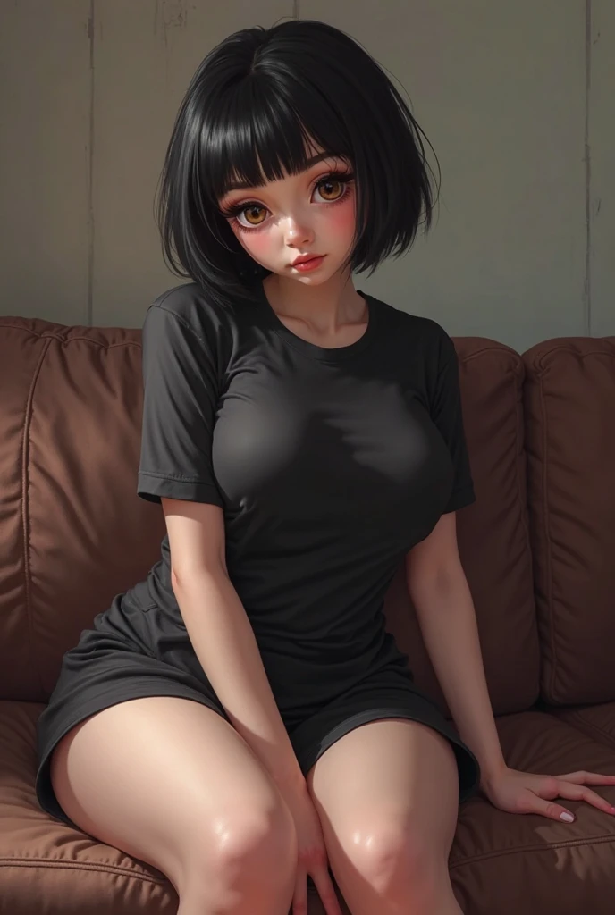 perfect girl, NSFW,  with big breasts and slim body, gothic, short hair with bob style bangs, blue eyes white skin and perfect detail,  wallpaper, landscape, 