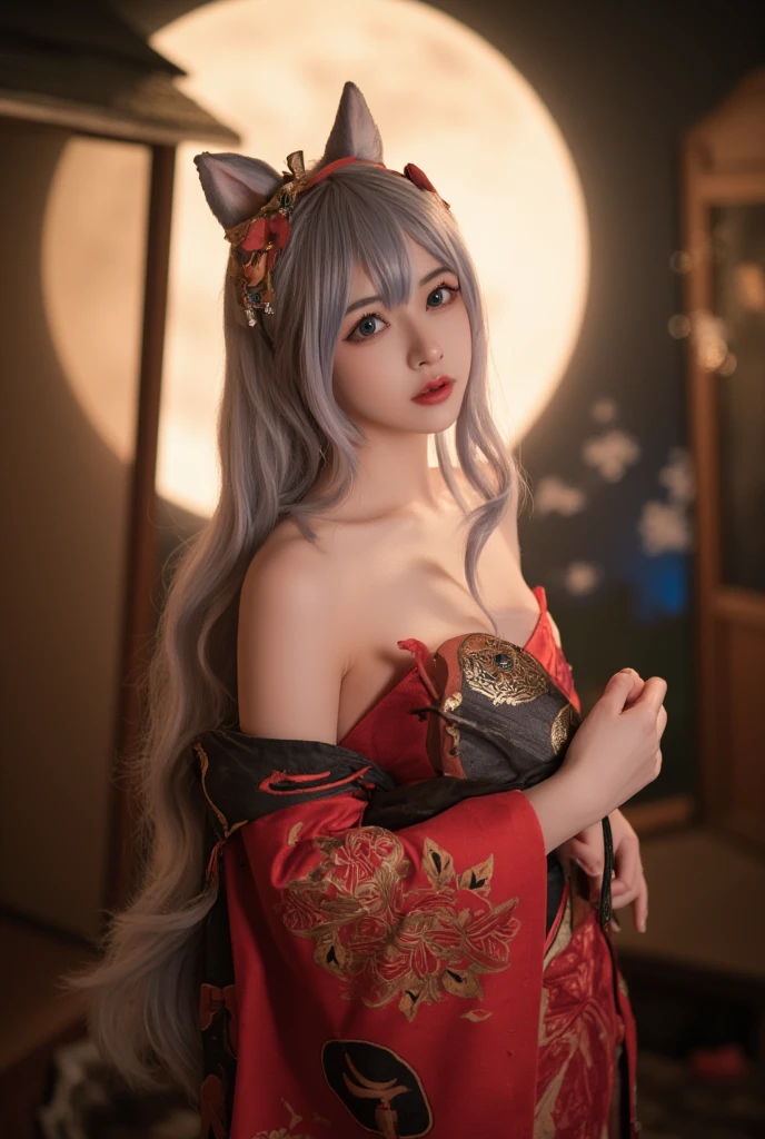 Kitsune girl,hime cut,silver eyes,gold darkblue and red tones japanese cloth, geisha dress theme sun&moon , traditional japanese , long white hair,silver fox ears, have kitsune tail, beautiful woman, silver eyes, elegant, young adult beautiful,night , starry night,sexy eyes,flirting,smile, erotic,nude, royal charm