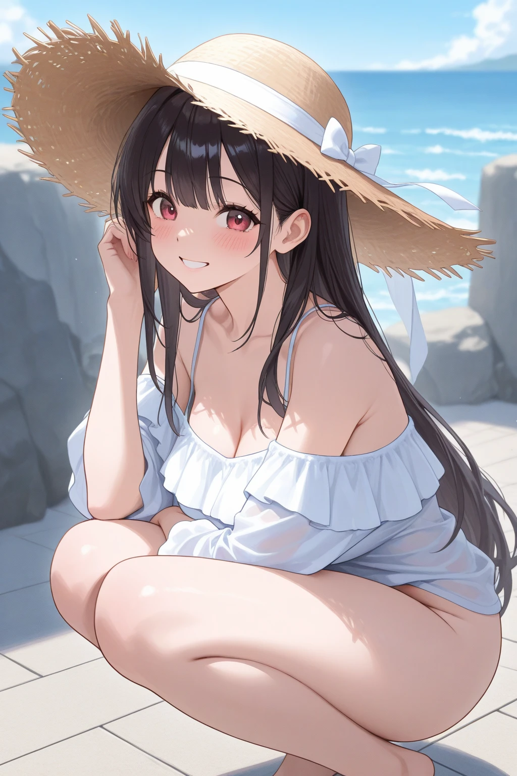 ((masterpiece,Highest quality;1.3,best illustration)),cowboy shot,1woman、25 year old beauty、独奏,((very small head:1.5)),dark brown hair,long hair,bangs,brown eyes,gorgeous eyes,blush,small breasts,((very long body:1.3)),((toned body,slender body,skinny)),gleaming skin,shiny skin,oily skin,(Soaked in the rain、Black zip-up hoodie outer jacket、White tight T-shirt、denim micro shorts)、barefoot、Carrying a black backpack、sitting,heavy rain、rain、on street,Tokyo,nsfw,