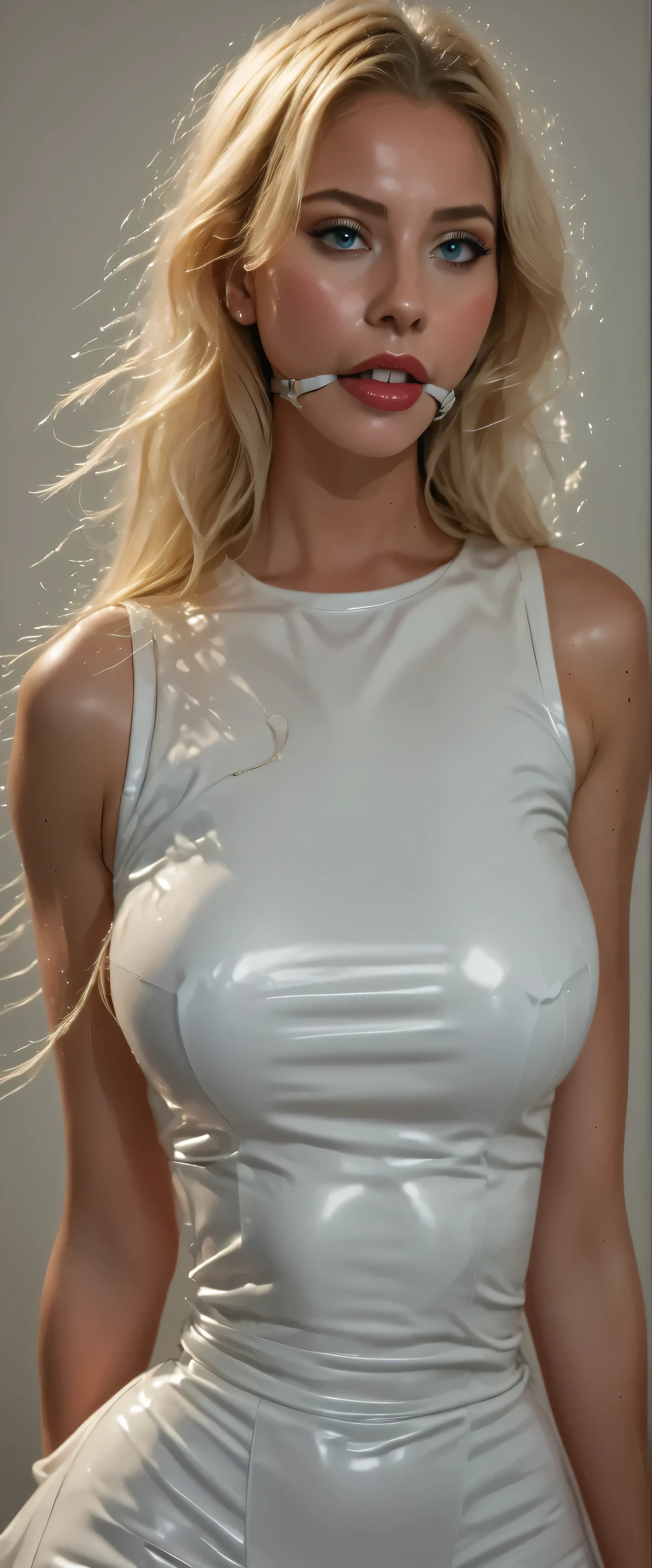 Strong light, Strong contrast, In an open-roofed cave、Sunlight shines through green moss and ferns。, And open( Ocean View:1.1) end, Cel-shaded rendering, 4K, 360 degrees, Equirectangular projection, what, One Girl, 30-year-old woman、Beautiful woman、Long Blonde Hair、White Latex Leotard、White long boots、White arm cover、masterpiece, 最high quality, high quality, High resolution, (((Face close-up)))、、Cleavage