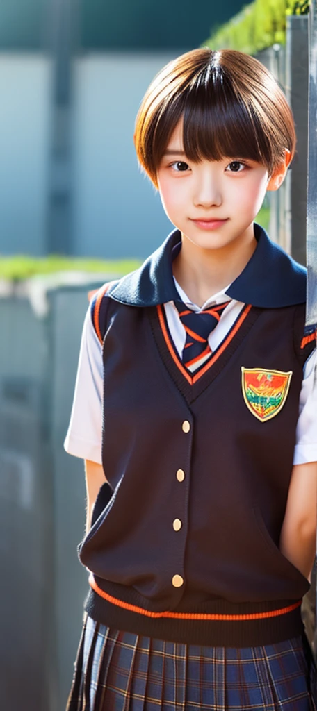 there is a young Girls stand in a field with a frisbee, Girl in uniform, Wearing a polo shirt, red, Wearing school uniform, red衬衫, wearing Japanese school uniforms, 穿着red船长, Wearing school uniform, Japanese school uniforms, , 穿着red服装, Wearing school football uniform, Chinese Girl, Young Asian Girl, Girls stand,A little fatter,The face does not change