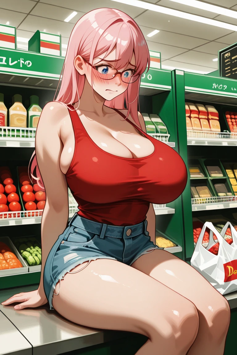 Girl with huge breasts in a micro bikini ,inside the super market