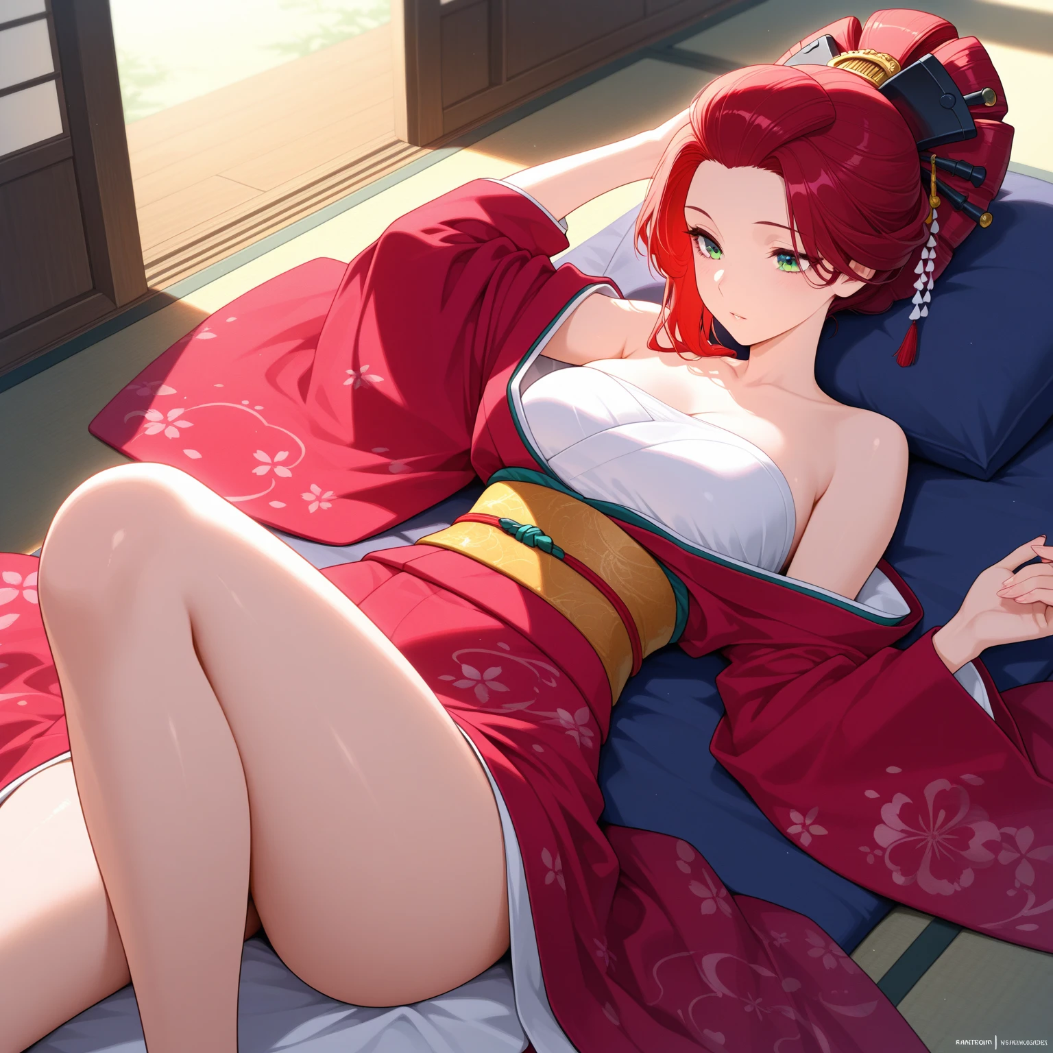 High quality, masutepiece, 1girl in, Fox Woman、a very beautiful woman、A detailed face、high-level image quality、细致背景、She is wearing a very beautiful red kimono、Sleepy face、Very long beautiful golden hair、Her eyes are a beautiful blue color.、The inside of the eyes shines like diamonds、waking up、fox ears are white、Background in pretty girl's room、A little erotic、Bust D、