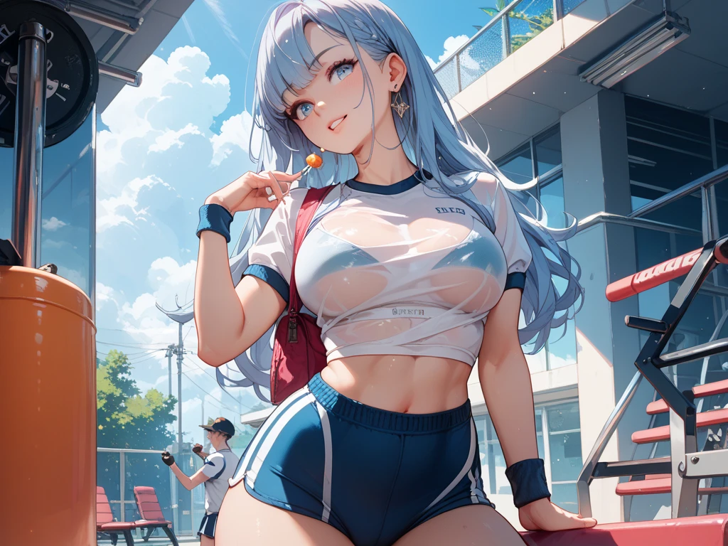 (((masterpiece))), ShizukaMikazuki, One Girl, alone, Looking at the camera, Long Hair, Gray Hair, Long sleeve, Cleavage, Very large breasts, Mature Body,Adult face,clavicle, Jacket, Open clothes, open Jacket, blue hoodie, Black sports bra, Black hot pants, choker with a charm,Play sports often,bicycle,Clear light blue eyes, Blushing,smile,Sweat,Amazed expression,Earrings,Golden navel piercing,Park at dusk, Holding a sports drink