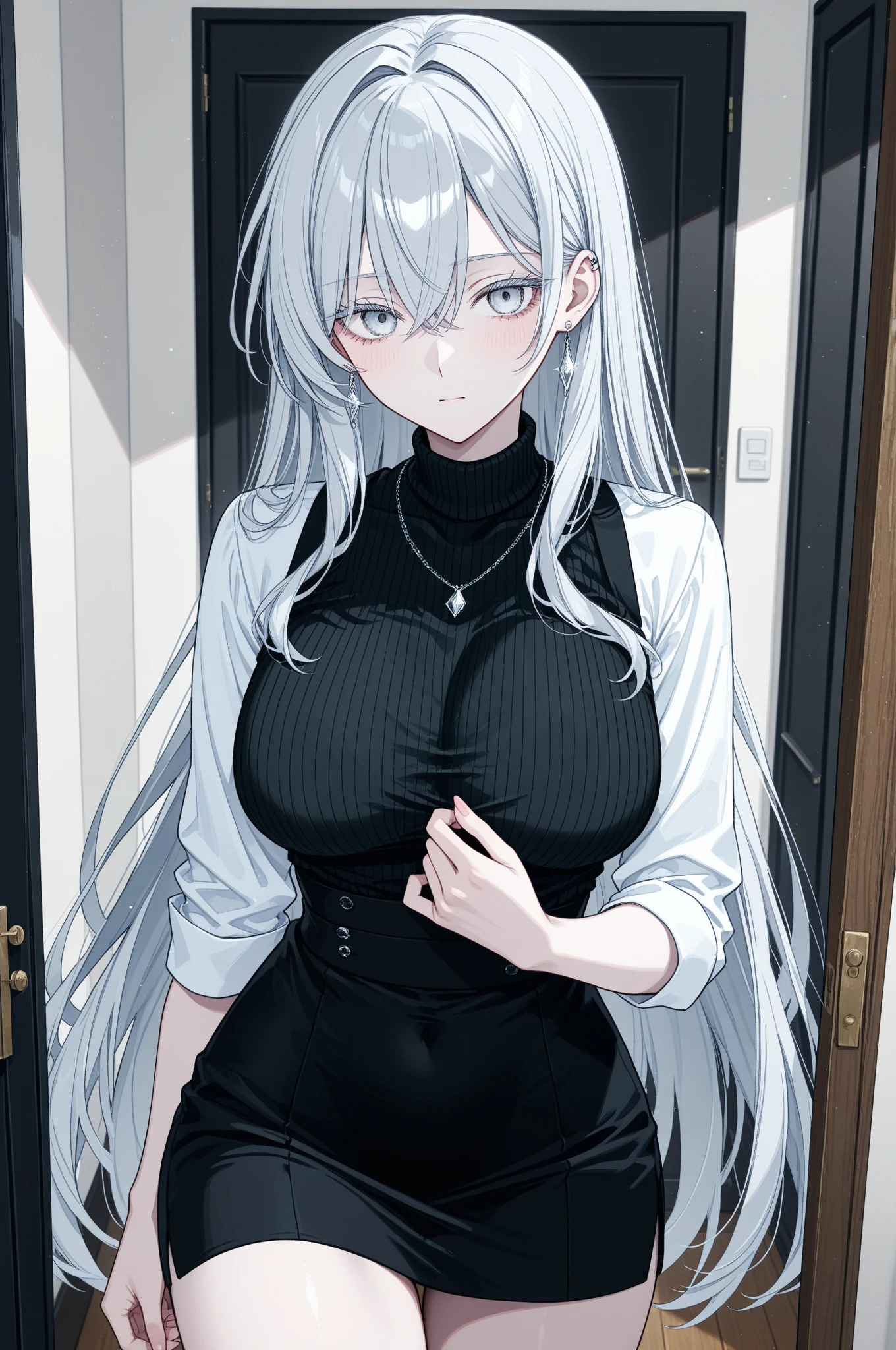 masterpiece, best quality, highres, high quality, Mature girl, very long silver hair, high ponytail hairstyle, black eyes, very huge breasts, beautiful black sweater, mall, pouting, blushing, bare shoulders, glasses, white jacket
