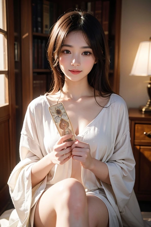 ((Masterpiece, Top image quality, high resolution、alone、shiny skin))(on the table, best quality, actual, super detailed, meticulous, high resolution, 8k wallpaper), Close-up portrait of a beautiful woman, Chariada, smiling, light brown messy hair, Perfect dynamic composition, 美丽meticulous的眼睛, Just like the cover of a fashion magazine, on campus,Wear gold glasses