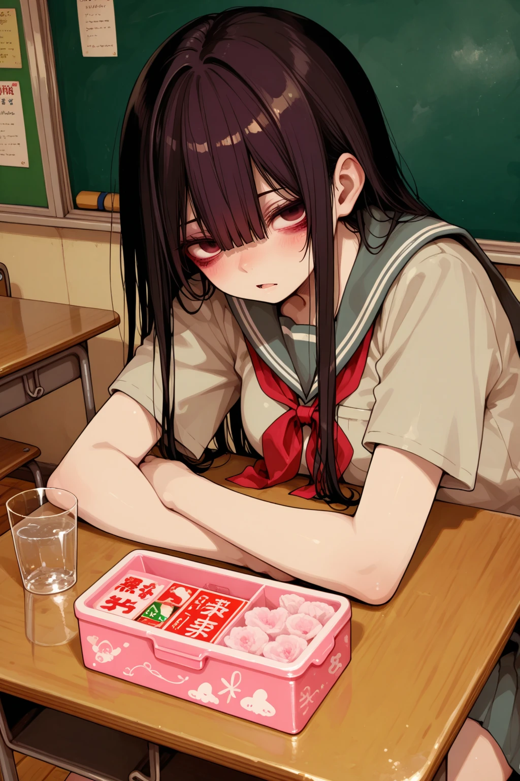 学校のJobで、Spitting food out of the mouth、Job、Girl、Girl、Short、Younger、Baby Face、flat chest、Dynamic Angle、masterpiece、best quality、ultra-detail、Both eyes open、Sweat、Light clothing、School lunch menu、meal、classmate、Wide-eyed、Open your mouth、Vomiting、Vomit、mini skirt、Panties、Vomit、canteen、Sitting in a chair、Many children are sitting