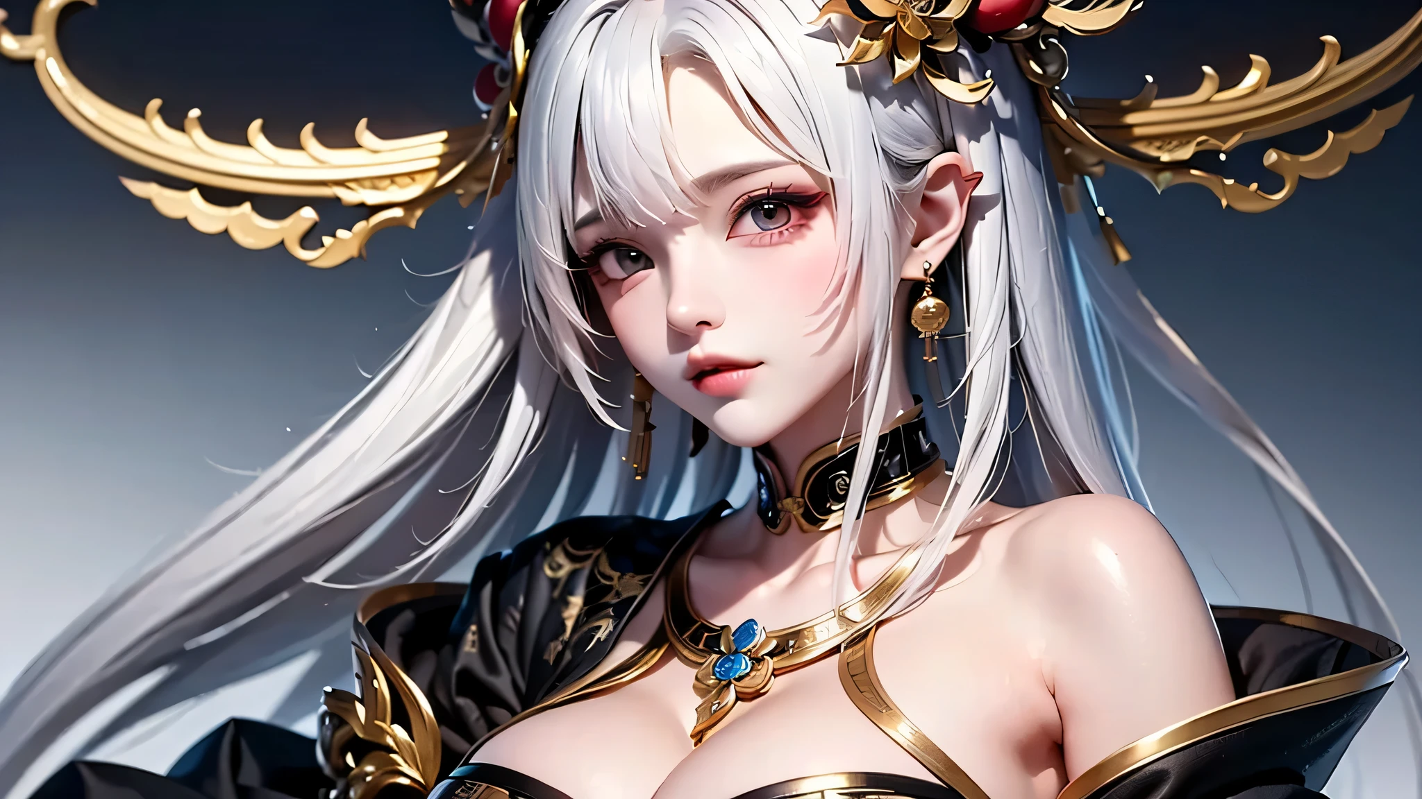 MKSK style, 1 plump girl, Cute big breasts, Surrounded by yellow lights, gold eyes, White hair, with black background, Close-up cleavage, No smile, tmasterpiece, ultra - detailed，Colossal tits，Huge cleavage