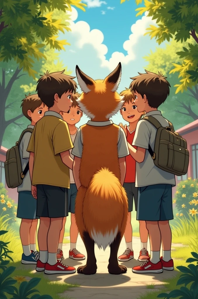 A dog, ((little boy)), cute, yellow fur, big green eyes, (red T-shirt), brown shorts, blue bow tie, black shoes, running on the street, open the month, surrounded by mountains, at noon, white clouds, bright sunshine, brilliant light and shadow, fine facial depiction, correct hand depiction, accurate detail depiction, 4K ultra clear