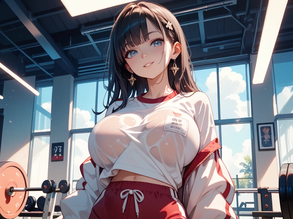 ((Leaning forward)) (While taking off her underwear), Big Breasts, (White gym clothes, Short sleeve, Red Bloomers), There are pretty women, brm, High-quality facial beauty, Naughty seduction, locker room, Shiny skin, Fine skin, Sexy Lingerie, (breast)