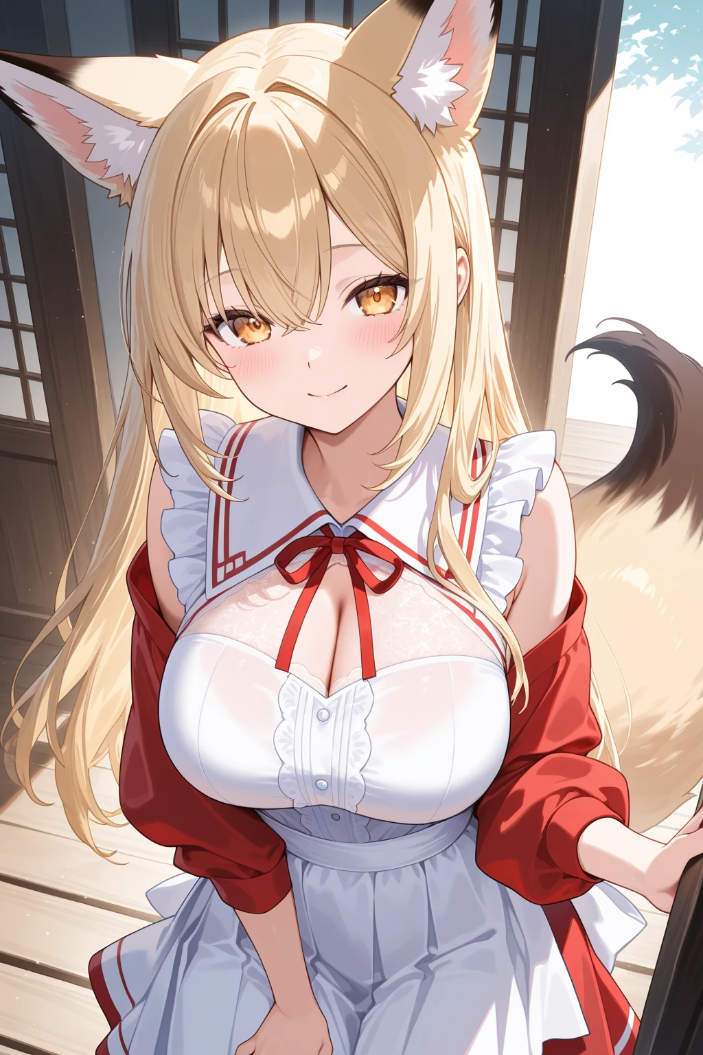 Masterpiece, Best quality, high resolution, 1girll, Solo, Oversized fox tail,Green eyes,(Long brown hair_Sideways French braided hair),Small flower headdress, (27years old,Big breasts wife)_Mature female figure_F Cup,Modern architecture,(Blushing:1.3),Showing , On the stomach_Succubus tattoo, A MILF, Sexy JK uniform,