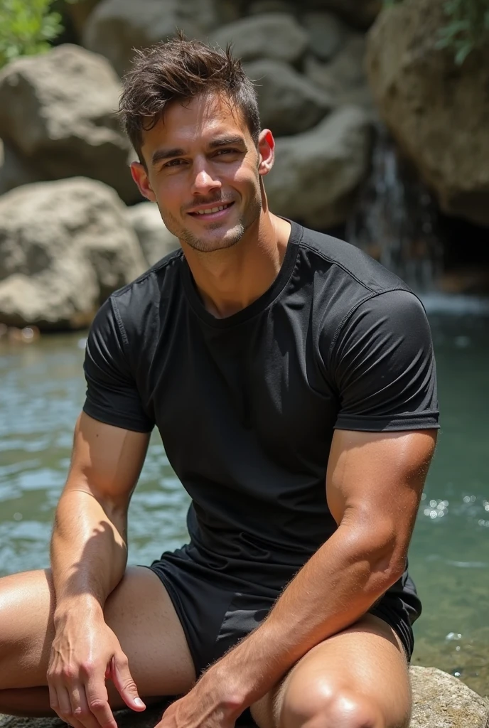 ((best quality)), ((masterpiece)), (detailed), perfect faceA fit handsome rich white boy finds a gold rock near a river 