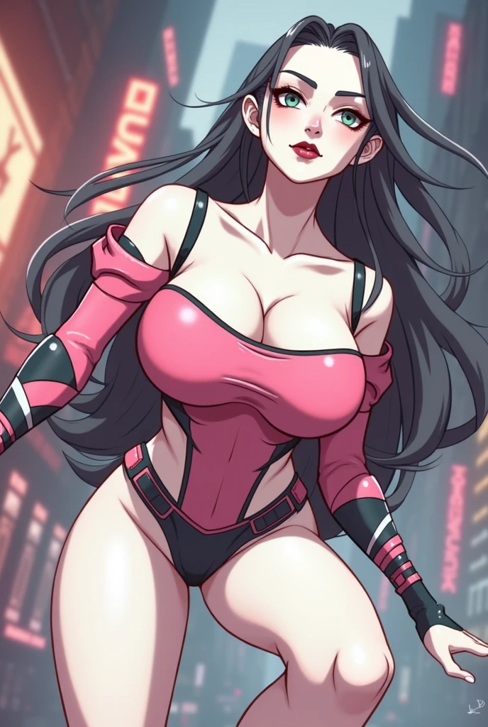 A pale skin sarada + Anita with tired eyes black medium hair red eyes,huge muscle veiny bulging veins giant body,getting insane with power,colossal,maniacal,backshot