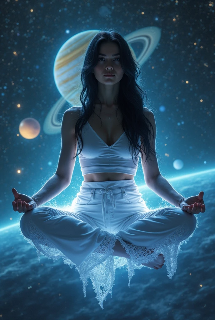 Create an image that represents spiritual governance, self-control, and harmony with the universe. The perspective should be from a low angle, depicting a full-body view of a young Thai-Chinese woman meditating in space. She has long, tousled black hair, is barefoot, and wears a sleeveless white top paired with denim shorts. The background should feature a vibrant cosmic scene, with a wall covered in a lively universe of gold, purple, and orange hues. The image should convey themes of philosophy, enlightenment, and spiritual awakening.