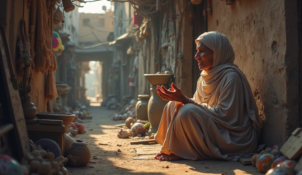 An old woman sitting on the way to the mosque is placing many alpins on the road. The scene will be an Arabian atmosphere. 
There will be palm trees and small stones along the road. 
Desert all around, a mosque can be seen in the distance.