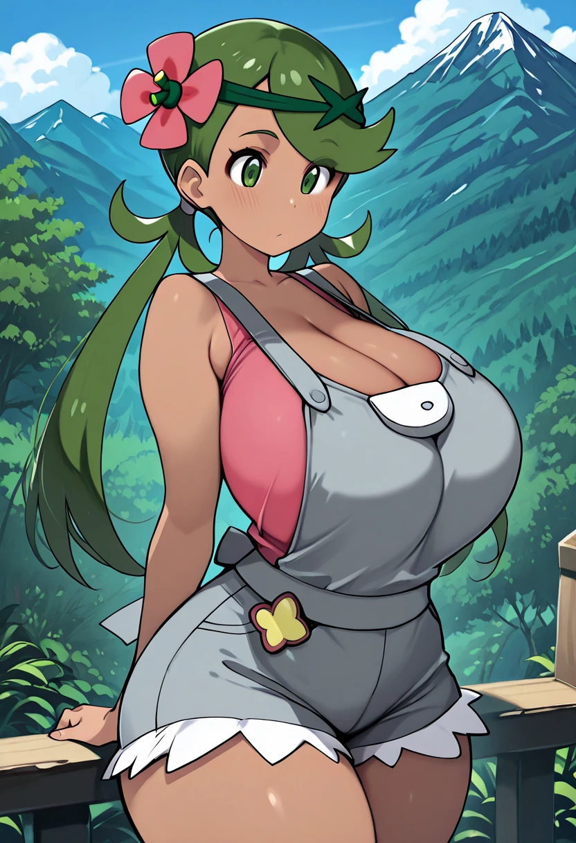 masterpiece, best quality, defmallow, twintails, hair flower, hair ornament, grey overalls, sleeveless, grey shorts, upper body, looking at viewer, smile, forest, blue sky, tall grass, cowboy shot, dark skin, huge breasts, sideboob, cleavage, seductive smile