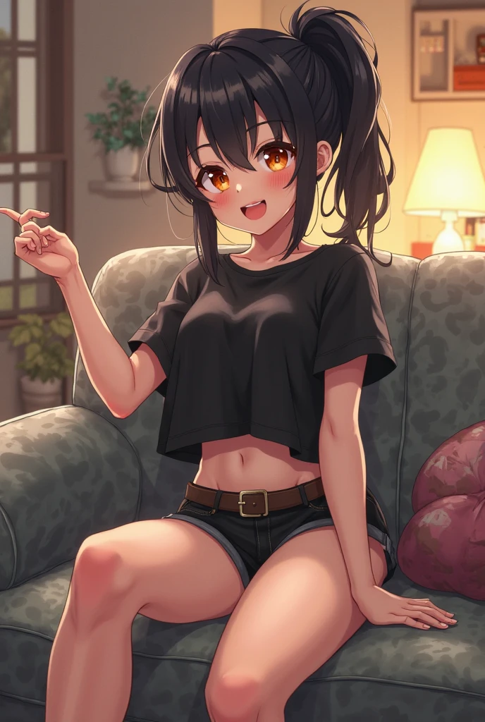 ((32k)), ((best quality)), ((ultra high res)), ((HDR)), ((UHD)), ((extremely detailed CG)), ((unity 32k wallpaper)), (masterpiece, highest quality:1.2), (2 Girls), 1 baby girl,Are standing_Split, 
Yuuki eats, Long black hair, living room, Black tank top, black shorts, Embarrassed expression, 