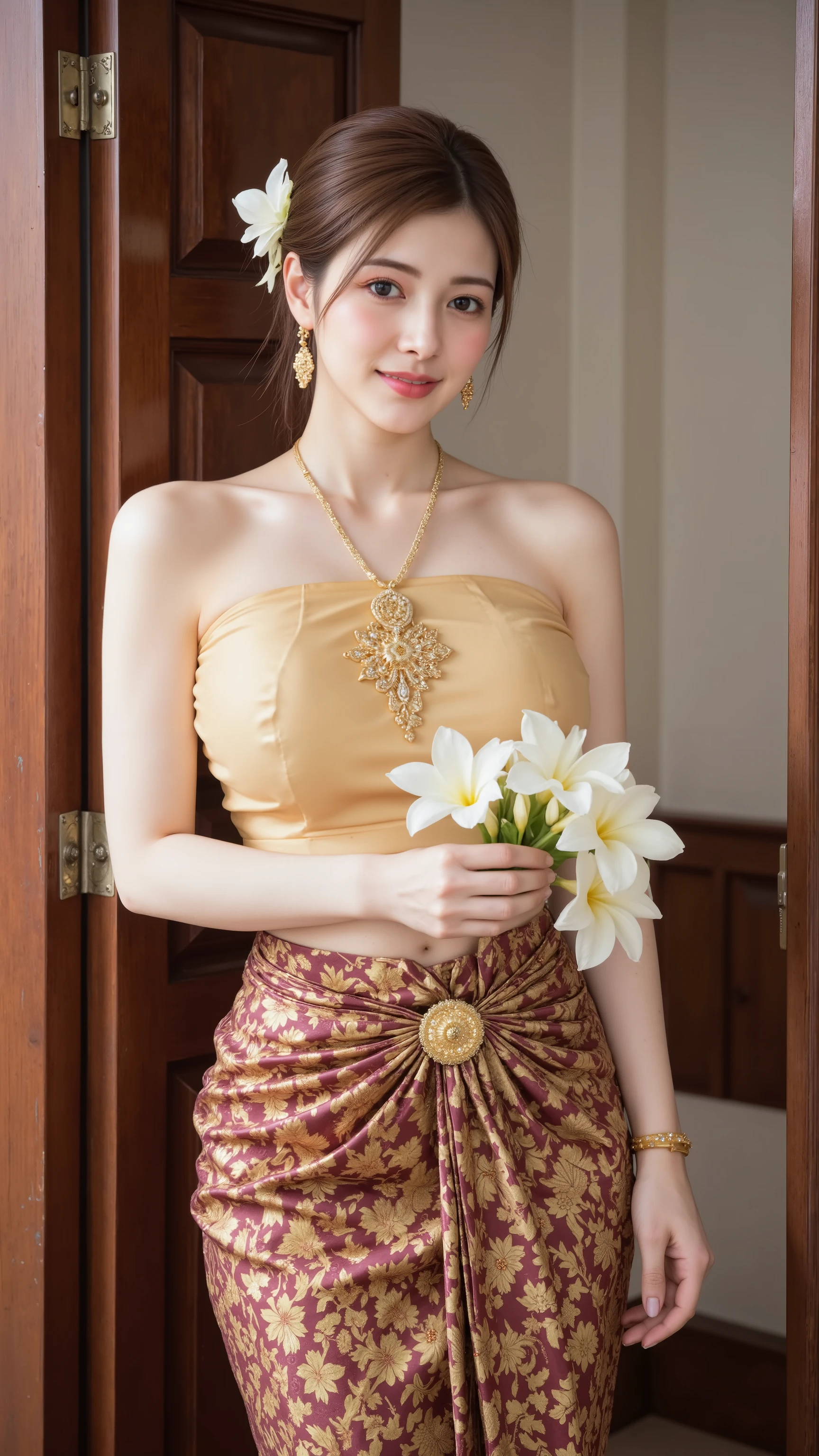 A beautiful Thai woman in traditional Thai costume,((large breasts,sagging breasts)),((skinny ,slim body, slender)), wearing a golden silk tube top and a maroon patterned sinh skirt, adorned with intricate golden jewelry including necklace, belt, earrings, and bracelet. She is holding white frangipani (plumeria) flowers, with a flower tucked behind her ear. Her hair is neatly tied back in a traditional bun. She is leaning against a wooden door frame and smiling softly, softly lit background. Traditional Thai elegance, high detail, soft natural lighting, studio portrait style.