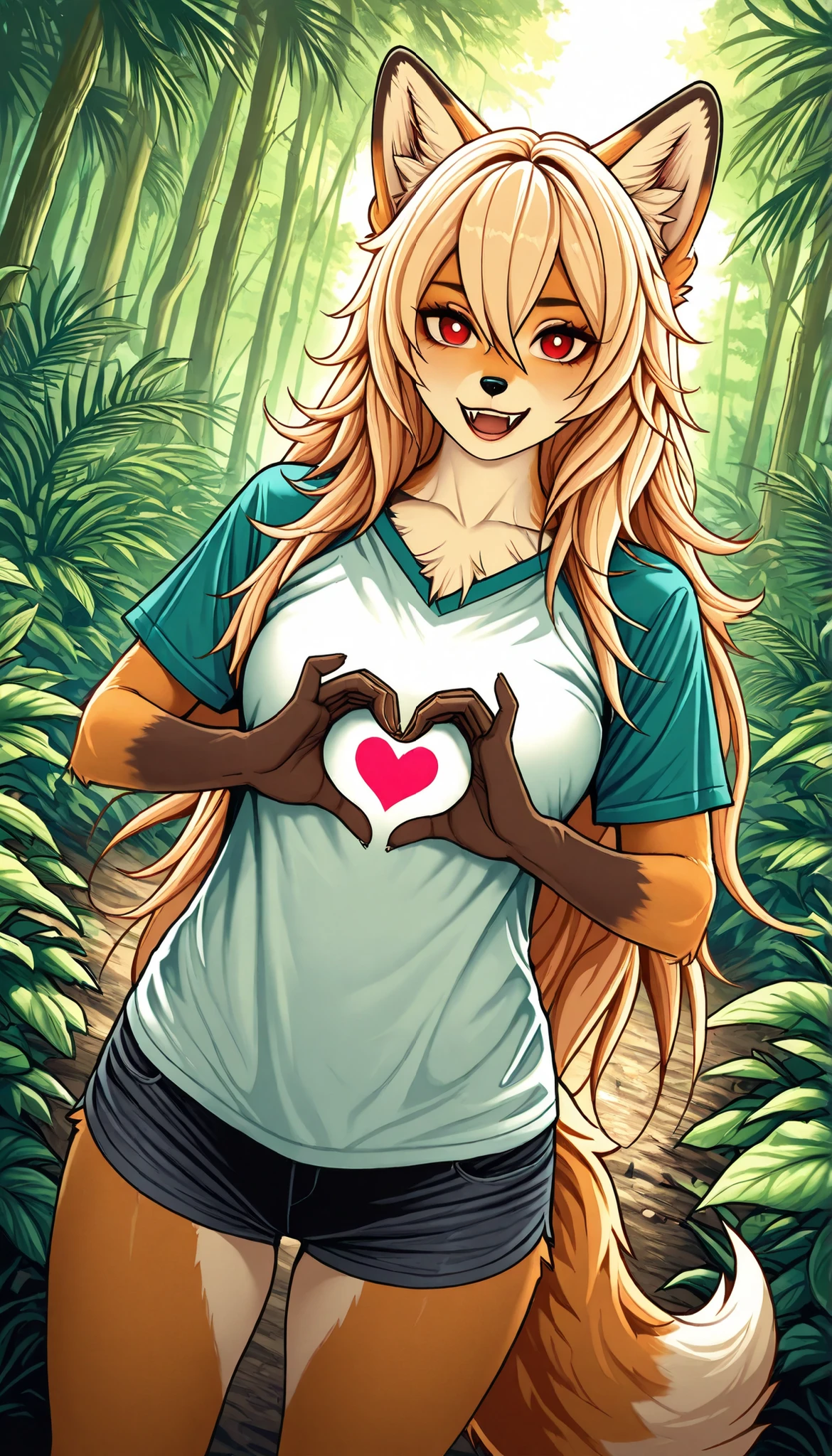 (source_furry, 1girl, solo, cub, animal ears, long hair, furry female, furry, tail, red eyes, fox girl, fox tail, fox ears, open mouth, shirt), (extremely detailed CG unit 8k wallpaper),(master part), (best quality), (ultra detail), (best illustration),(dan mumford style), cowboy shot, dutch angle, crouching, facing viewer, looking at viewer, perfect face, perfect eyes, perfect fingers, traditional media, bushes, jungle, outdoors, break , upper body, solo, shorts, fangs, white shirt, smile, very long hair, short sleeves, brown fur, body fur, short shorts, blonde hair, collarbone, animal nose, bangs, :d, raglan sleeves, animal ear fluff, two-tone fur, hair between eyes,  krn, heart hands 