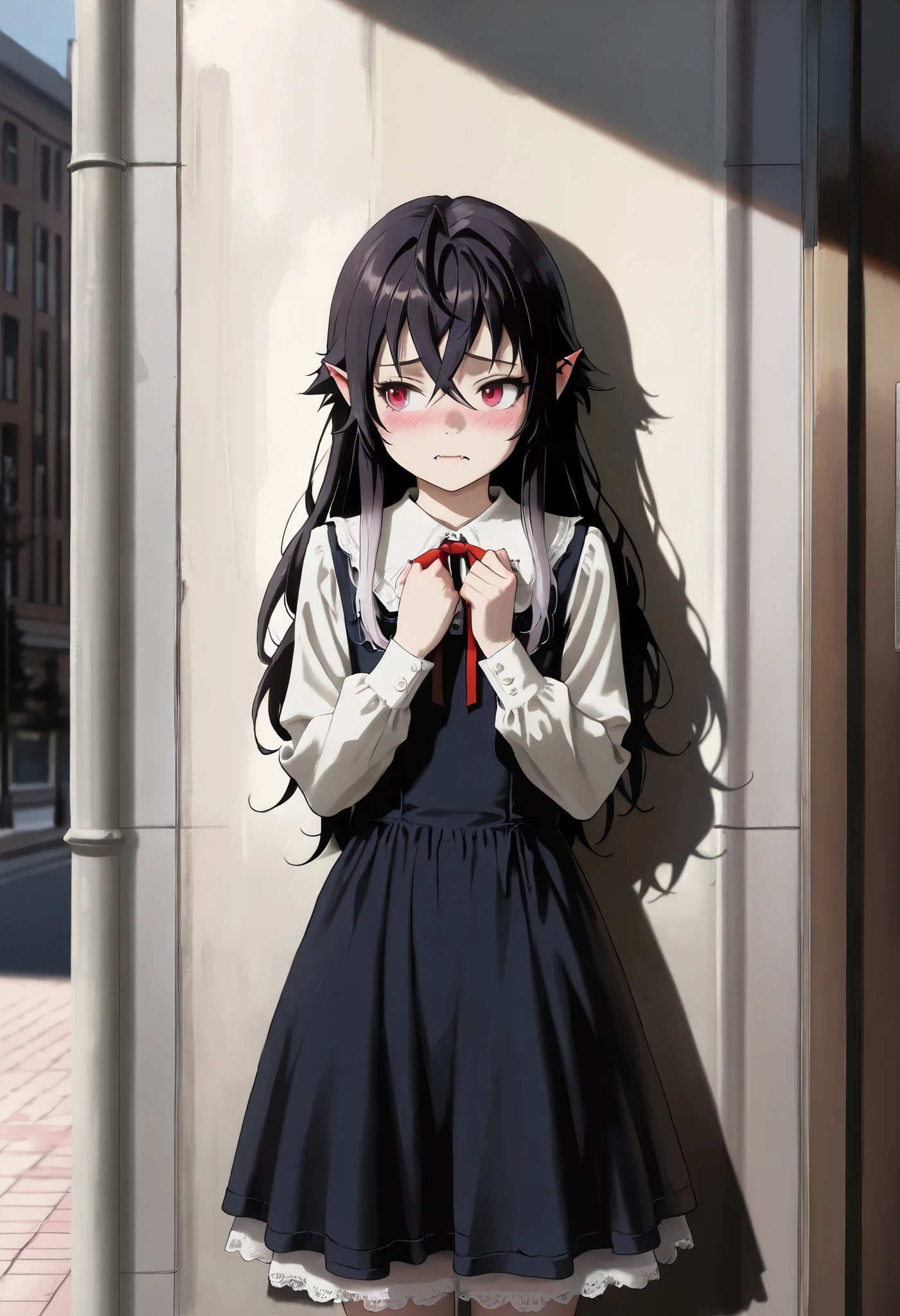 (masterpiece, best quality:1.2),accurate, drop shadow, tachi-e, , 8k, super detail, best quality, UHD, anatomically correct, 4K, highres, score_9, score_8_up, score_7_up, score_6_up, score_5_up, score_4_up, solo,1girl, , realistic , ultra realistic, thin, vampire girl, red eyes, dark hair, Irina Luminesk, , , very young, petit, ,wild, female, young, pretty dress, in a park, blushing, shy, ,anime style, horny expression, fangs, accurate, Surrealism,