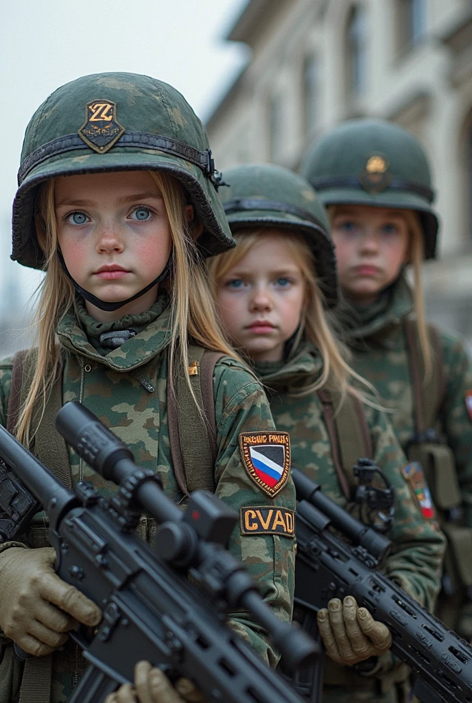 Russian child girl BLONDE, green background, photorealistic, portrait, best quality, perfect detailed face, (long hair: 1.1), (blonde hair:1.3), stunning blue eyes, (modern military clothing:1.1), (camouflaged clothing:1.1), military cap, (fully clothed:1.2)