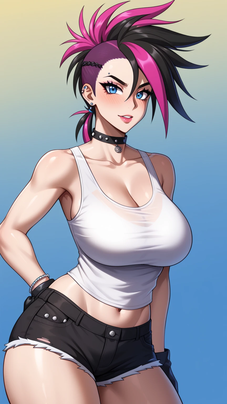 cute girl, big sized , sports bra and shorts, boxing gloves, MILFs, thigh legs, angry expressions, anger face, sweating, muscular arms, shiny skin, wet body, wet hair, , cleavage, MILFs, thigh legs, short dark blue hair, hair over shoulder,  white eyes, sports bra and shorts , perfect curvy shaped body, ultra realistic squinting  eyes massive sized , standing, thigh legs, white eyes, beautiful and perfect face, sunlight and garden background, short hair, white colour eyes