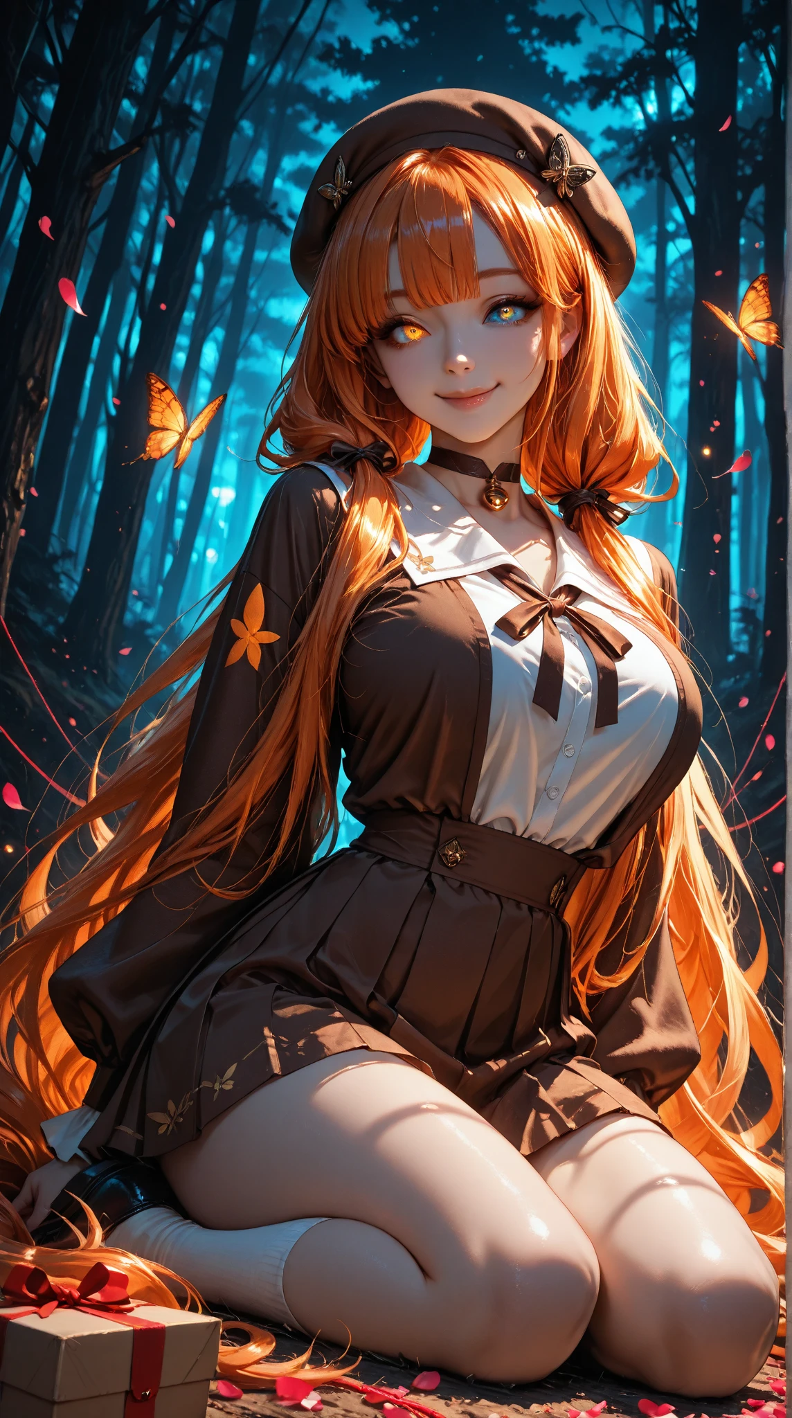 (Looking at the viewer) (1girl) An orange long hair sexy lady of butterflies wearing a black mini dress, lots of butterflies flying around, butterfly, butterflies, in the dark