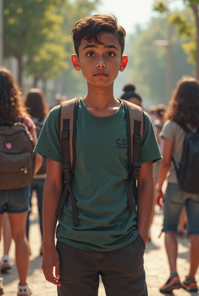 Mario, part of "A Tropa do Dinho", he is 7 years old, white, short dark brown hair, green eyes, wears a white short-sleeved shirt, glasses, is sensitive, affectionate, intelligent and wise . A realistic photograph of Mario in a playground, with soft afternoon light illuminating his face and highlighting his green eyes.
