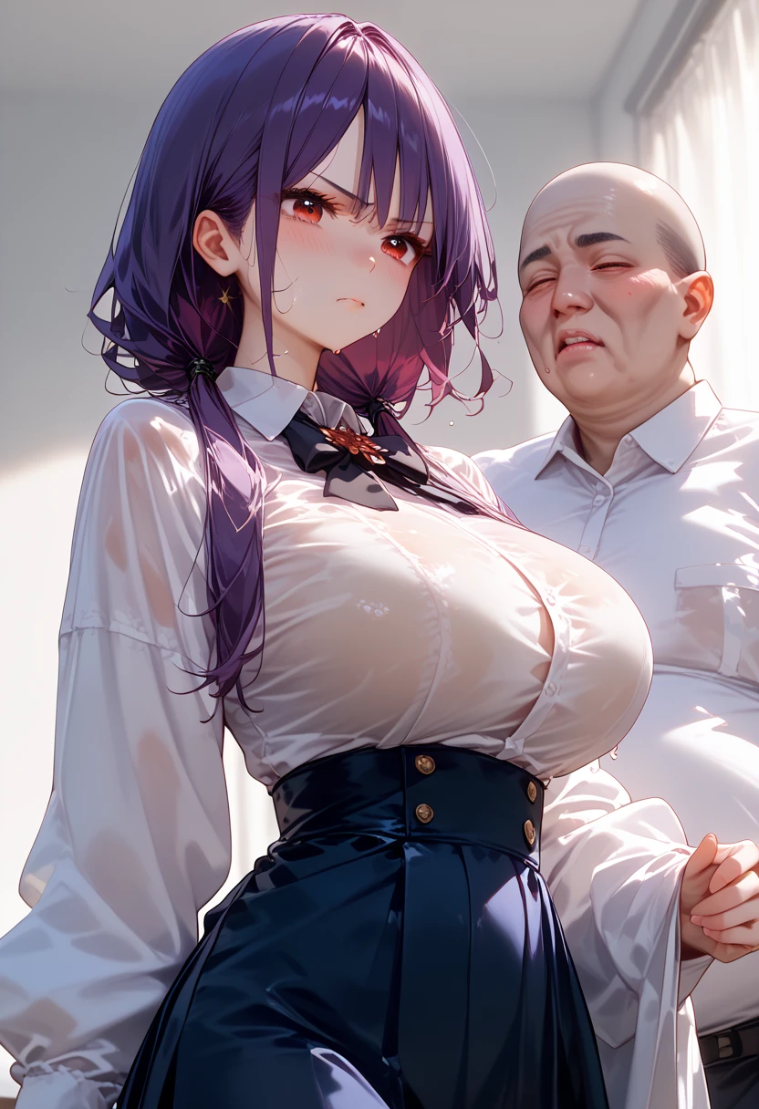 Perfect human body,1 boy,1 girl,A couple,sliver long hair,Red rose hair ornament,鎖骨,((Girl is sitting on a handsome man)),Gorgeous lolita dresow knot,semi transparent,(white stockings),((woman with fever)), ((perspiring,steamy))), Colossal tits,((The expression of color)),,(Blushlush:1.2),