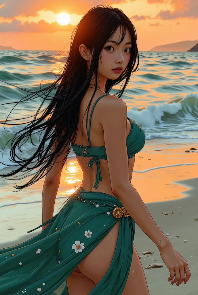 superflat, flat colors, 1girl, 19yo, slim, long hair, masterpiece, best quality, (small breast:1.5), (red sundress), (topless:1.2), nipple, blue sky, bright, watercolor