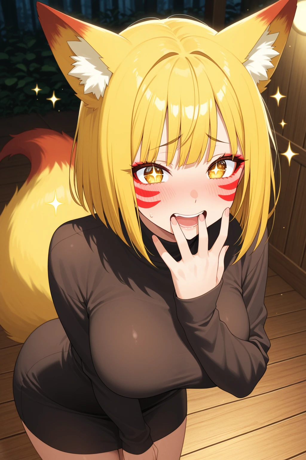 haruhime <lora:haruhime:0.8> 1girl, blond hair fox_ears huge fox tail long hair blunt_bangs shiny hair, green_eyes sleepy eyes, eyeliner blush medium breasts skindantation choker :3 collarbone,red kimono, japanese_clothes, half off_shoulder , face to tiptoe