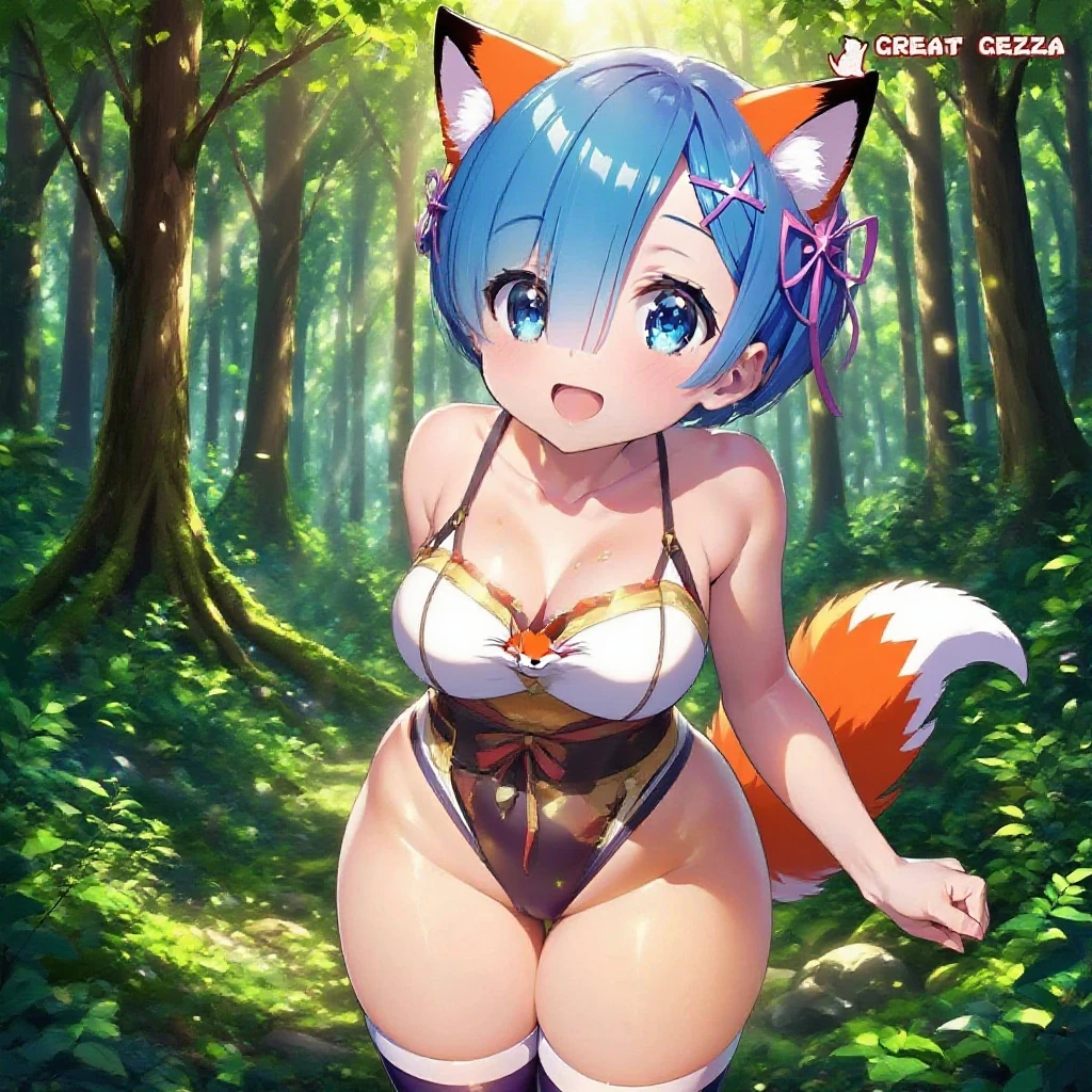 (Masterpiece) (High Detail) (High Res) A close up of A Short Humanoid Girl with pale human skin and blue eyes and long blue and blue dog ears and a fluffy blue dog tail and average breasts. She is stood by a lake at night time and is lifting up her shirt and getting undressed. She is bottomless. She looks happy. She is looking over her shoulder. Showing off her butt. Cheeks are blushing.