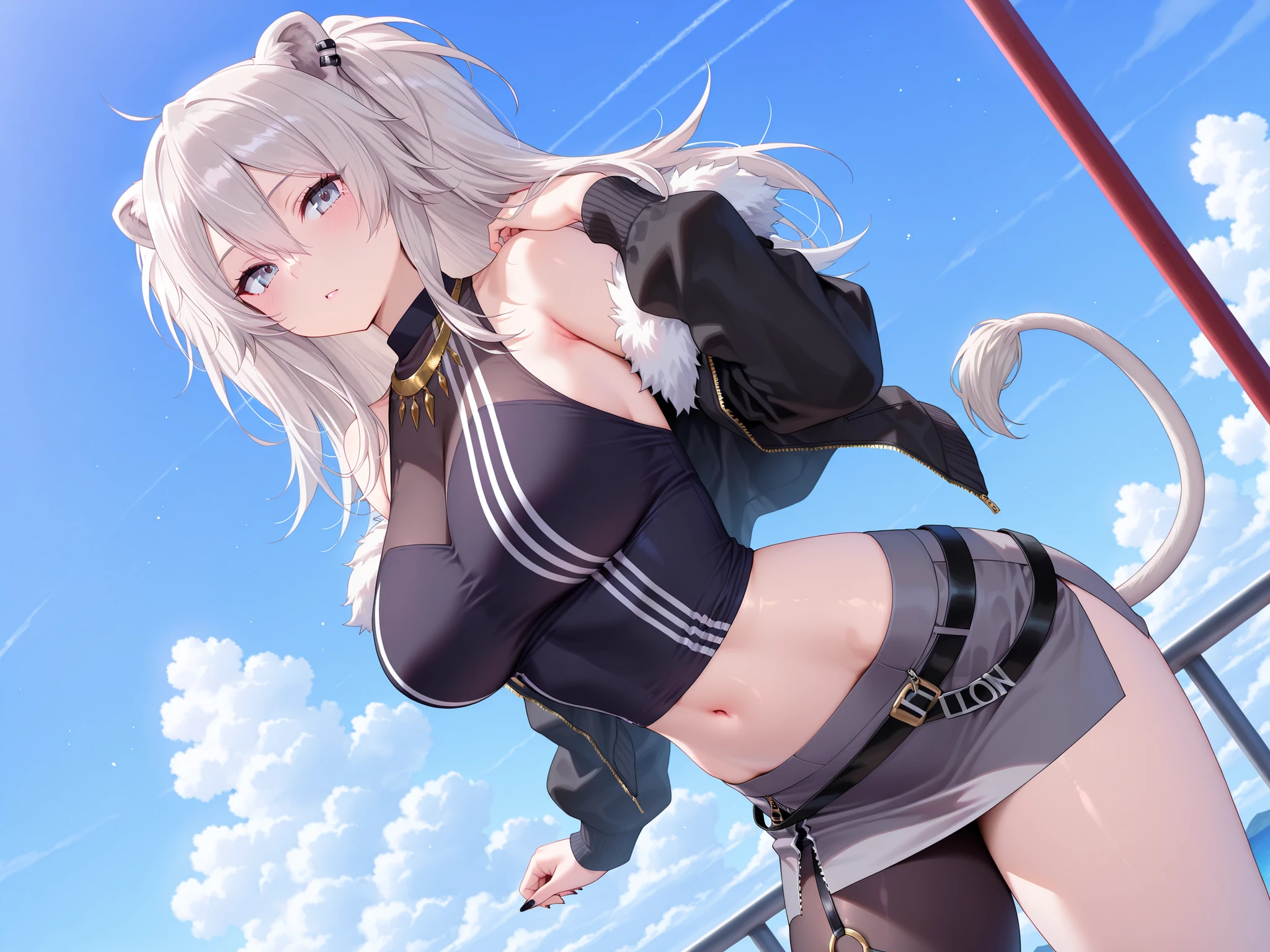 olo,masterpiece,best quality, amazing quality, highres, absurdres, very aesthetic, high resolution, ultra detailed, perfect details,botanIL, ear piercing, lion tail,botandef, long hair, navel, fur-trimmed jacket, hair between eyes, two side up, black jacket, black shirt, midriff, grey skirt, necklace, bare shoulders, miniskirt, single leg pantyhose, black pantyhose, sleeveless shirt, o-ring,,(masterpiece, detailed:1.2)、mature female,anime screencap