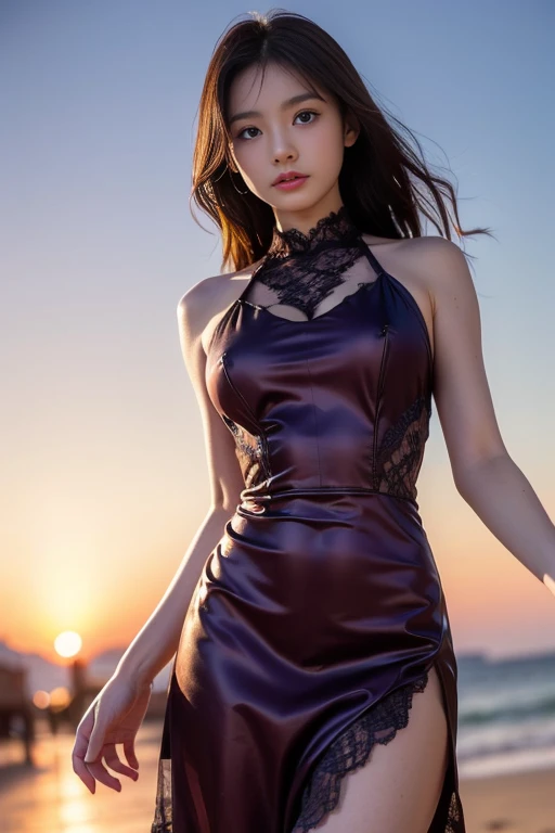 sexy girl with bangs, wearing an elegant black gown, posing against a city skyline at night.ultra realistic 8k cg, picture-perfect face, flawless, clean, masterpiece, professional artwork, famous artwork, perfect face, beautiful face, beautiful eyes, ((perfect female body)),huge breasts, solo,
,(blush:0.5),seductive expression,extremely detailed_eyes,
beautifully detailed background,depth of field,realistic:1.3,
(ambient light:1.3),(cinematic composition:1.3),(neon lights:0.1),(HDR:0.1),Accent Lighting, narrow waist,pantyhose,crotchless,standing,