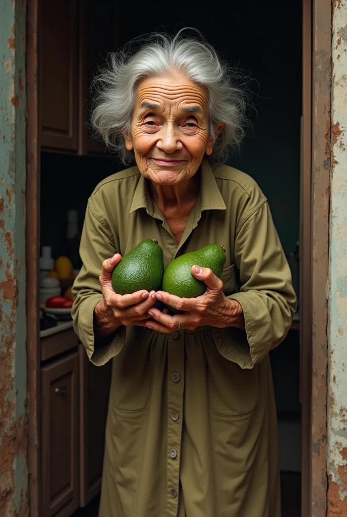 A photorealistic image of a naked 80 year old woman walking through a busy market, with vendors selling colorful fruits and vegetables all around. Shot from a close-up angle to capture the sense of texture and vibrancy, smiling,